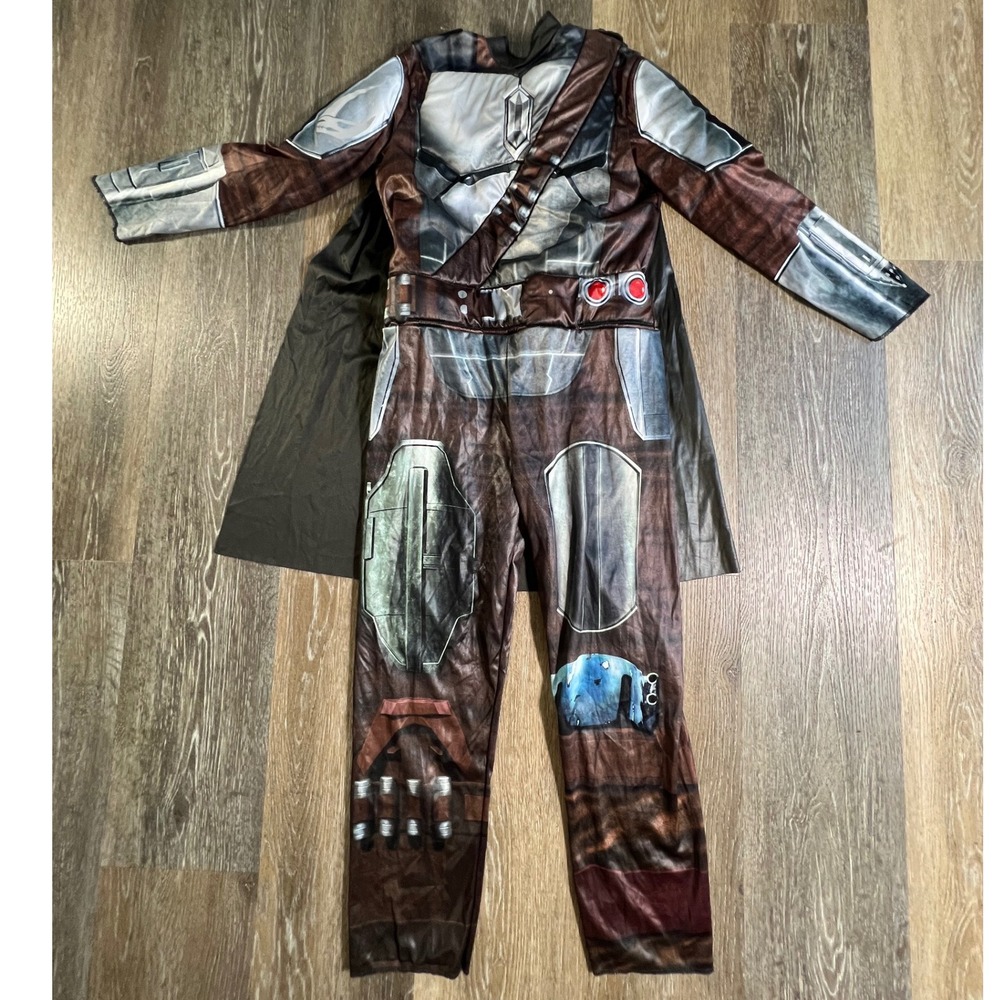 Star Wars Mandalorian Costume Kids Size M Brown Beskar Armor Print Jumpsuit Cape